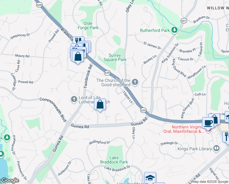 map of restaurants, bars, coffee shops, grocery stores, and more near 4933 Tibbitt Lane in Burke