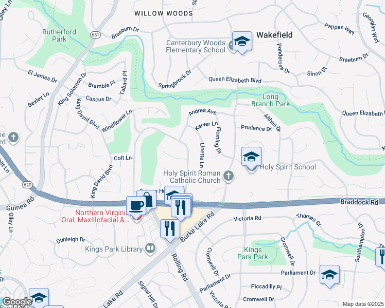map of restaurants, bars, coffee shops, grocery stores, and more near 4828 Red Fox Drive in Annandale