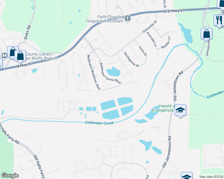 map of restaurants, bars, coffee shops, grocery stores, and more near 329 Behlmann Meadows Way in Florissant