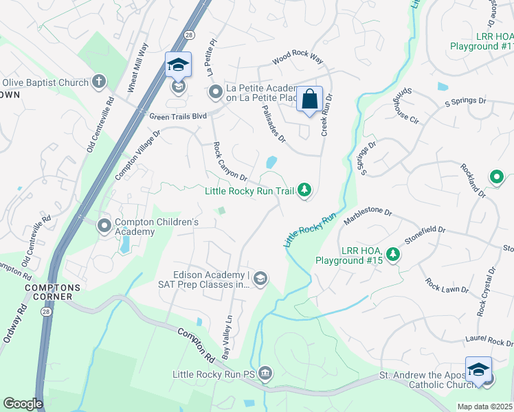 map of restaurants, bars, coffee shops, grocery stores, and more near 14103 Roamer Court in Centreville
