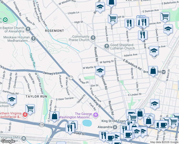 map of restaurants, bars, coffee shops, grocery stores, and more near 209 West Masonic View Avenue in Alexandria