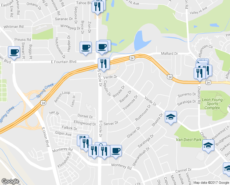map of restaurants, bars, coffee shops, grocery stores, and more near 1232 Royale Drive in Colorado Springs