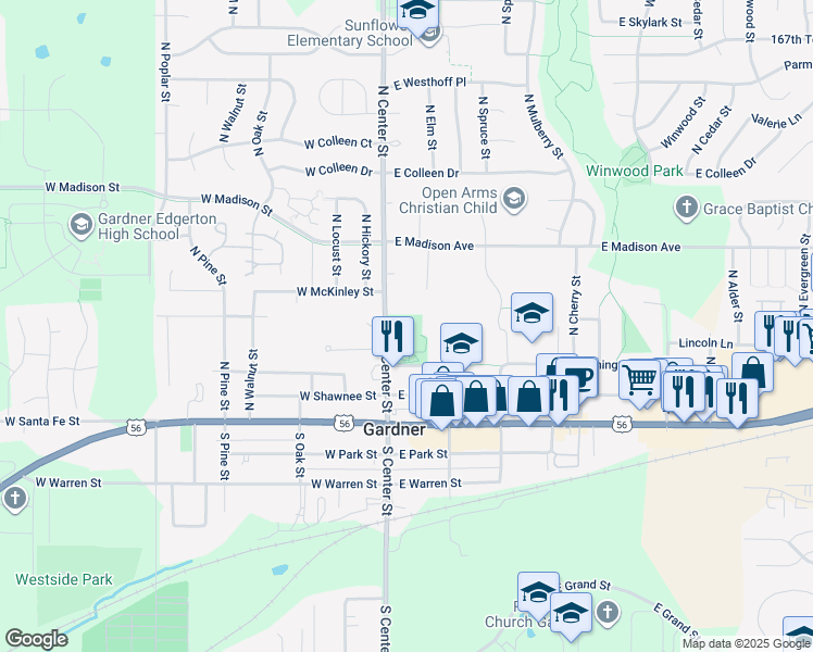 map of restaurants, bars, coffee shops, grocery stores, and more near 215 North Center Street in Gardner