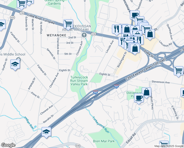 map of restaurants, bars, coffee shops, grocery stores, and more near 6323 8th Street in Alexandria