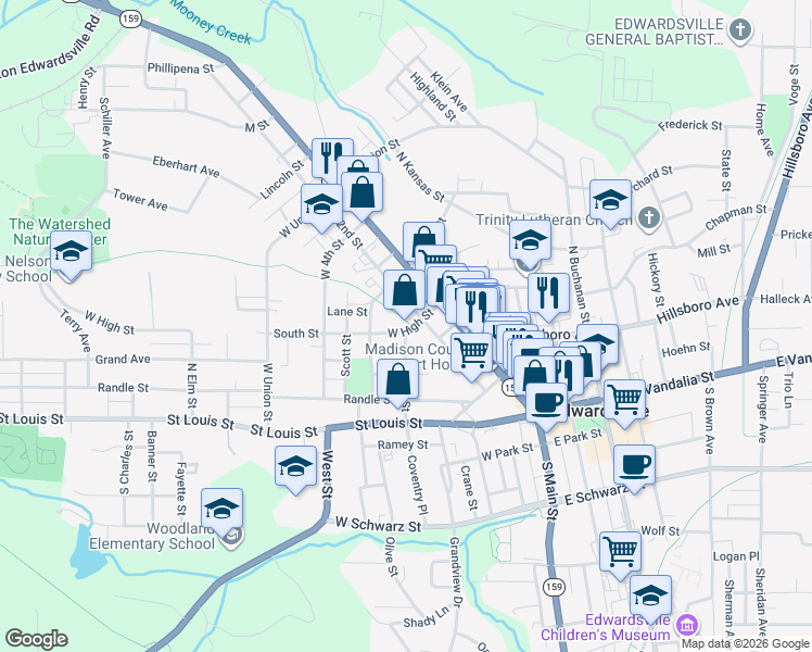 map of restaurants, bars, coffee shops, grocery stores, and more near 207 West High Street in Edwardsville