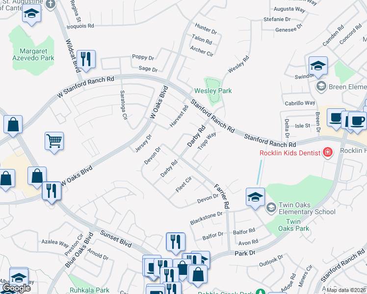 map of restaurants, bars, coffee shops, grocery stores, and more near 5634 Darby Road in Rocklin