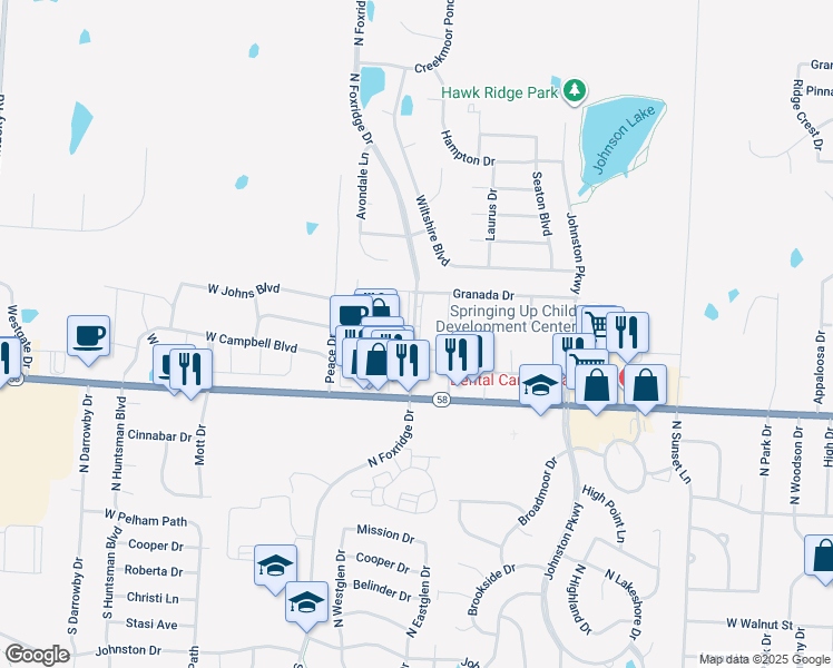 map of restaurants, bars, coffee shops, grocery stores, and more near 169 North Foxridge Drive in Raymore
