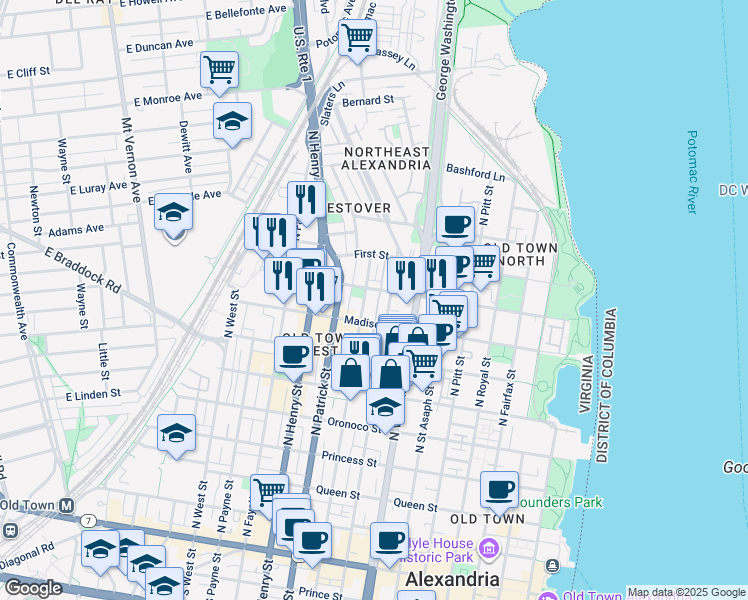 map of restaurants, bars, coffee shops, grocery stores, and more near 832 Snowden Hallowell Way in Alexandria