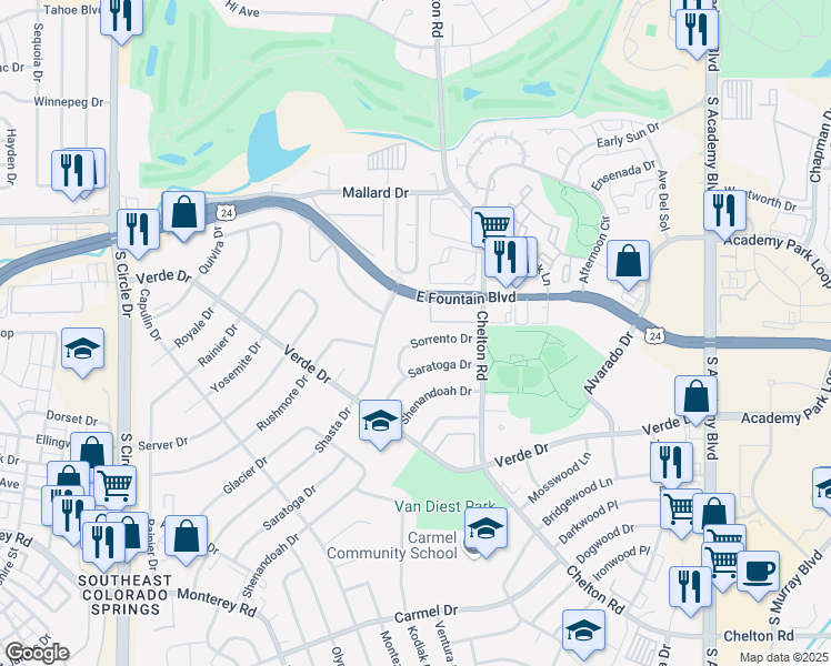 map of restaurants, bars, coffee shops, grocery stores, and more near 1310 Sorrento Drive in Colorado Springs