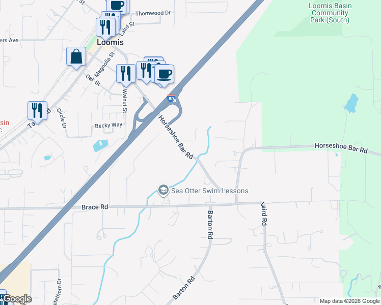 map of restaurants, bars, coffee shops, grocery stores, and more near 6271 Horseshoe Bar Road in Loomis