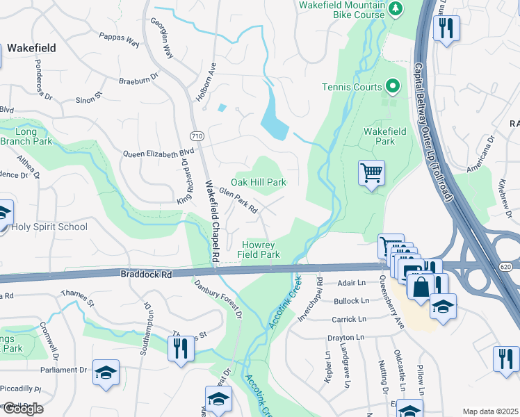 map of restaurants, bars, coffee shops, grocery stores, and more near 5054 Cliffhaven Drive in Annandale