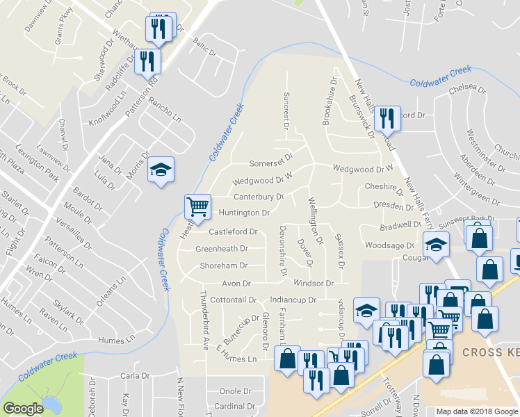 map of restaurants, bars, coffee shops, grocery stores, and more near 2145 Huntington Drive in Florissant