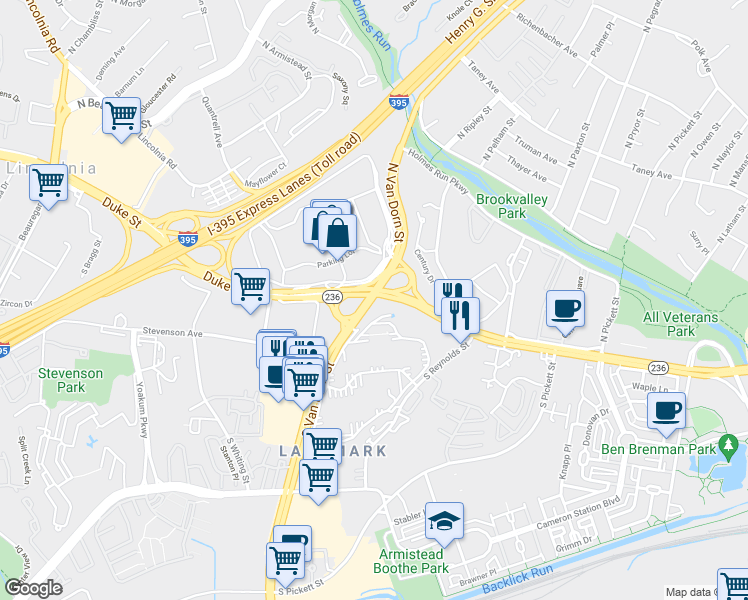 map of restaurants, bars, coffee shops, grocery stores, and more near 4 South Van Dorn Street in Alexandria