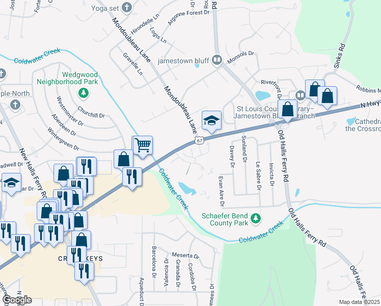 map of restaurants, bars, coffee shops, grocery stores, and more near 14115 Candlewyck Place Court in Florissant