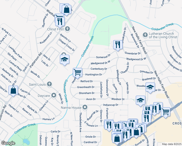 map of restaurants, bars, coffee shops, grocery stores, and more near 2085 Huntington Drive in Florissant