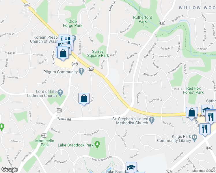 map of restaurants, bars, coffee shops, grocery stores, and more near 5017 Tibbitt Lane in Burke