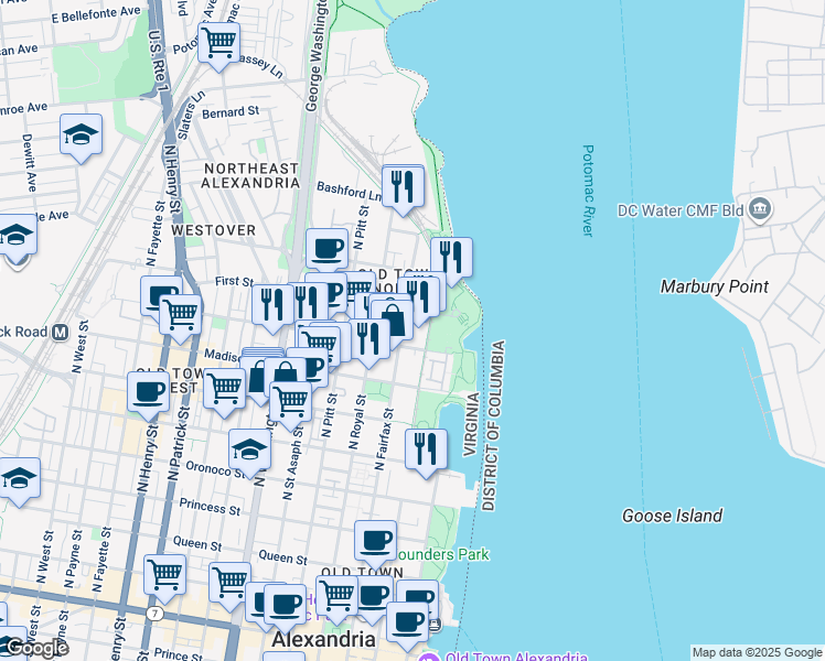 map of restaurants, bars, coffee shops, grocery stores, and more near 925 North Fairfax Street in Alexandria
