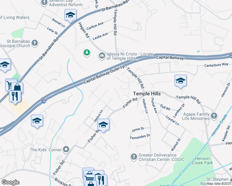 map of restaurants, bars, coffee shops, grocery stores, and more near 5417 Fisher Drive in Temple Hills