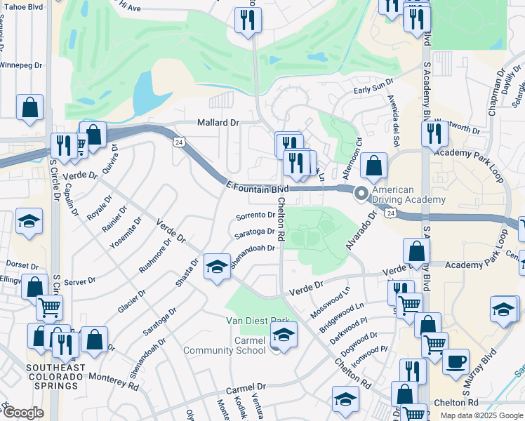 map of restaurants, bars, coffee shops, grocery stores, and more near 1214 Sorrento Drive in Colorado Springs