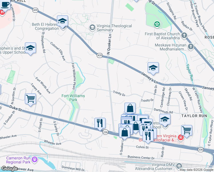 map of restaurants, bars, coffee shops, grocery stores, and more near 508 N Quaker Ln in Alexandria