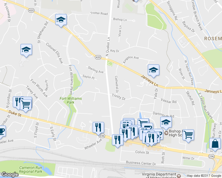 map of restaurants, bars, coffee shops, grocery stores, and more near 503 North Quaker Lane in Alexandria