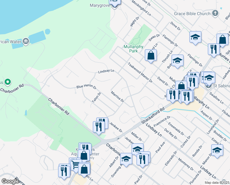 map of restaurants, bars, coffee shops, grocery stores, and more near 2231 Marrisa Drive in Florissant