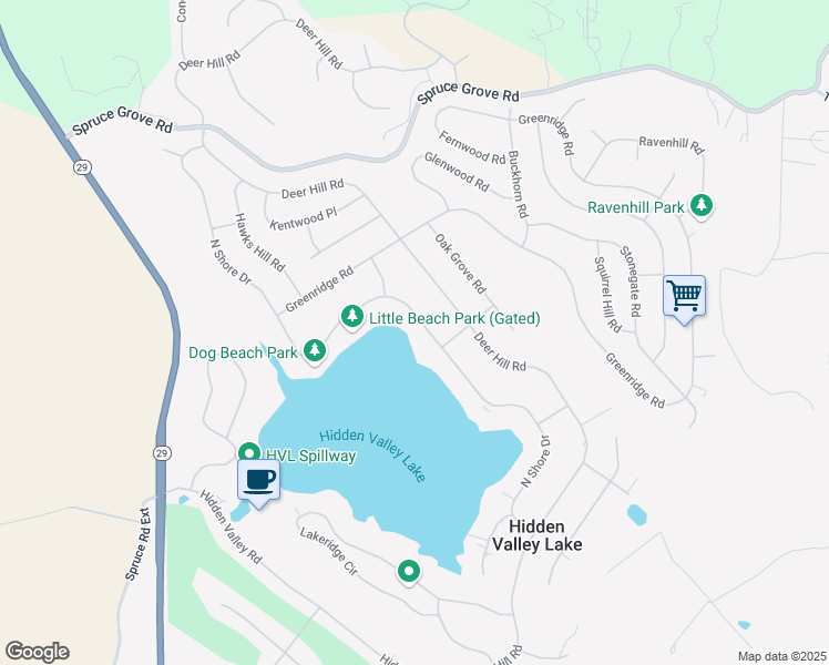 map of restaurants, bars, coffee shops, grocery stores, and more near 18633 North Shore Drive in Hidden Valley Lake