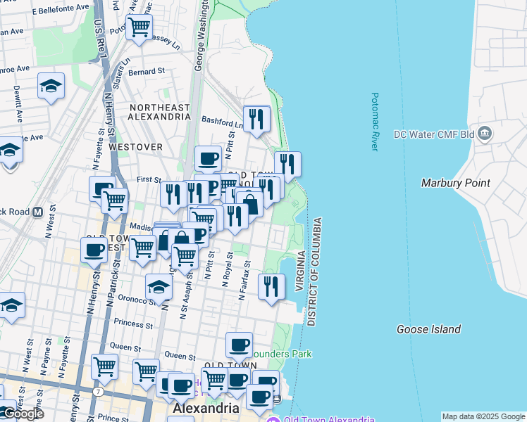 map of restaurants, bars, coffee shops, grocery stores, and more near 925 North Fairfax Street in Alexandria