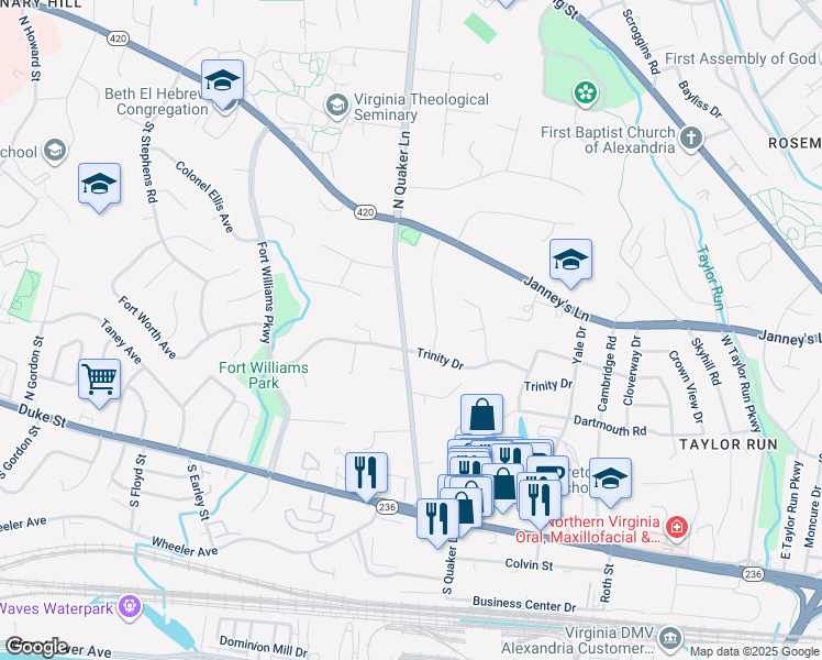 map of restaurants, bars, coffee shops, grocery stores, and more near 503 North Quaker Lane in Alexandria