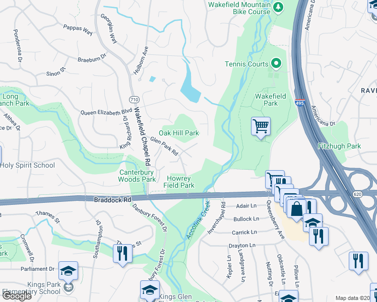 map of restaurants, bars, coffee shops, grocery stores, and more near 5103 Cliffhaven Drive in Annandale