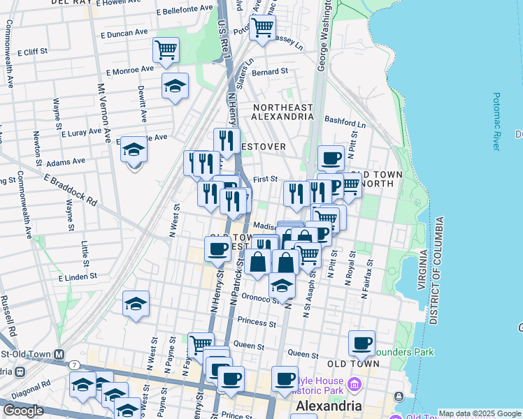 map of restaurants, bars, coffee shops, grocery stores, and more near 910 Montgomery Street in Alexandria