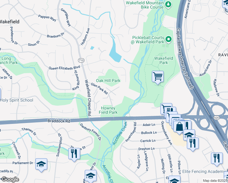 map of restaurants, bars, coffee shops, grocery stores, and more near 5103 Cliffhaven Drive in Annandale