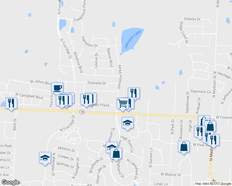 map of restaurants, bars, coffee shops, grocery stores, and more near 1001 Kaycee Dr in Raymore