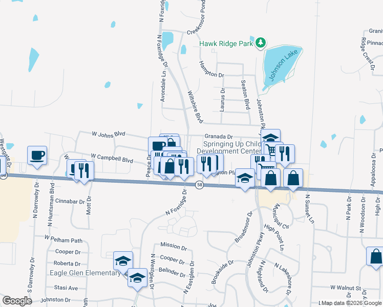 map of restaurants, bars, coffee shops, grocery stores, and more near 169 North Foxridge Drive in Raymore