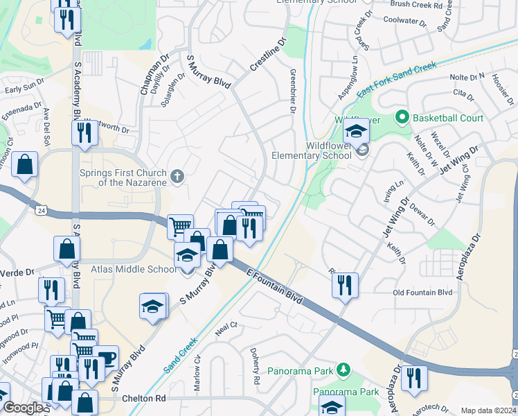 map of restaurants, bars, coffee shops, grocery stores, and more near 1365 Firefly Circle in Colorado Springs