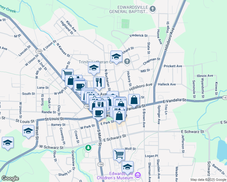 map of restaurants, bars, coffee shops, grocery stores, and more near 204 North Buchanan Street in Edwardsville