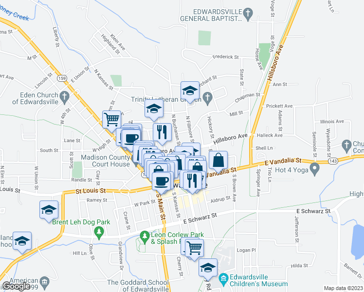 map of restaurants, bars, coffee shops, grocery stores, and more near 204 North Buchanan Street in Edwardsville