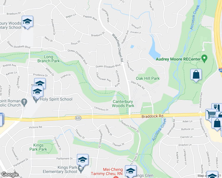 map of restaurants, bars, coffee shops, grocery stores, and more near 5013 King Richard Drive in Annandale