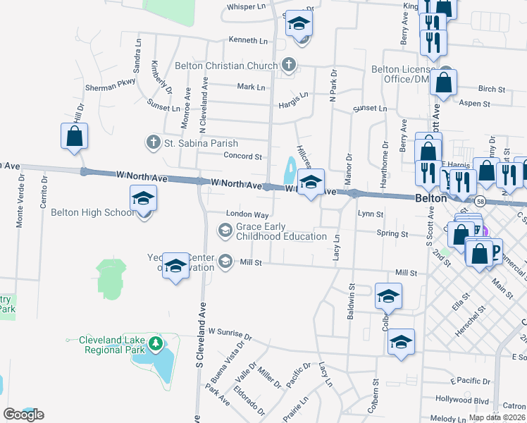 map of restaurants, bars, coffee shops, grocery stores, and more near 502 London Way in Belton