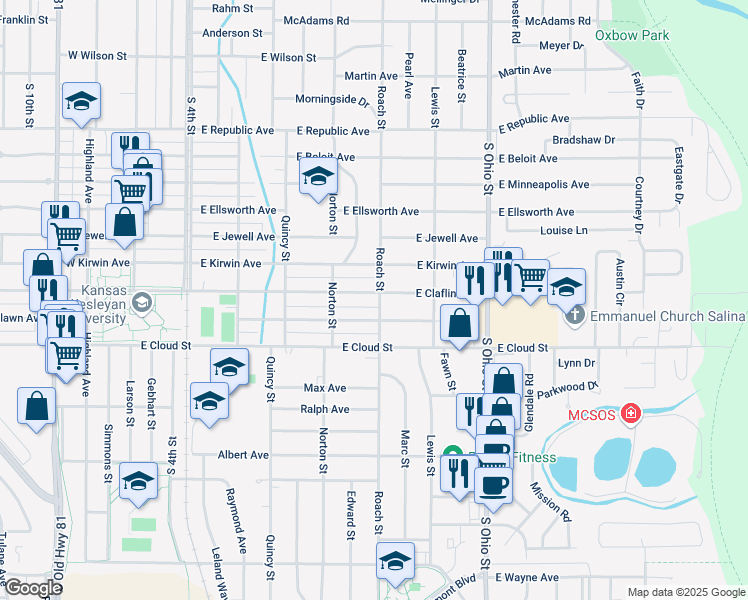 map of restaurants, bars, coffee shops, grocery stores, and more near 532 East Claflin Avenue in Salina