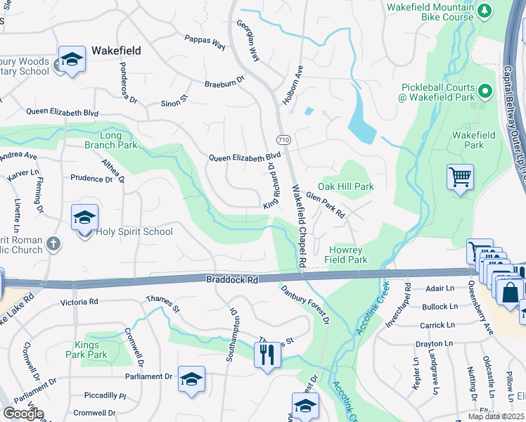 map of restaurants, bars, coffee shops, grocery stores, and more near 5011 King Richard Drive in Annandale