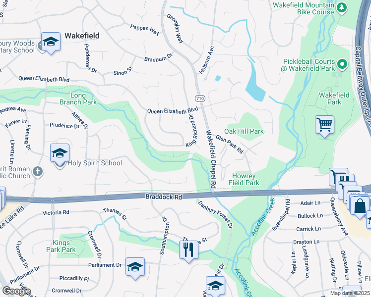 map of restaurants, bars, coffee shops, grocery stores, and more near 5011 King Richard Drive in Annandale