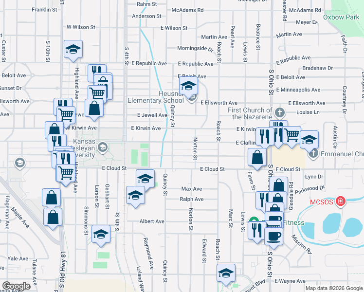 map of restaurants, bars, coffee shops, grocery stores, and more near 412 East Claflin Avenue in Salina