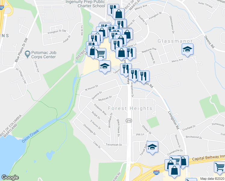 map of restaurants, bars, coffee shops, grocery stores, and more near 108 Seneca Drive in Oxon Hill