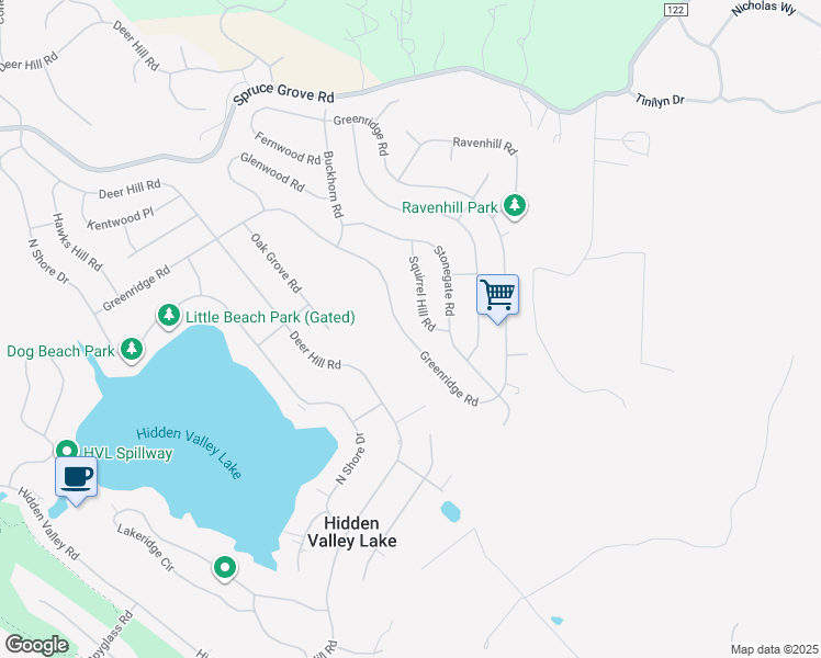 map of restaurants, bars, coffee shops, grocery stores, and more near 17263 Greenridge Road in Hidden Valley Lake