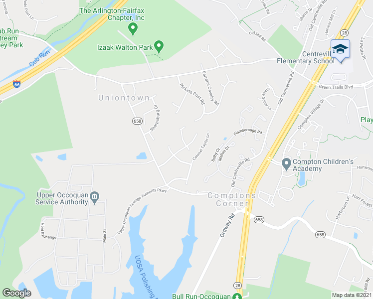 map of restaurants, bars, coffee shops, grocery stores, and more near 6923 Confederate Ridge Lane in Centreville