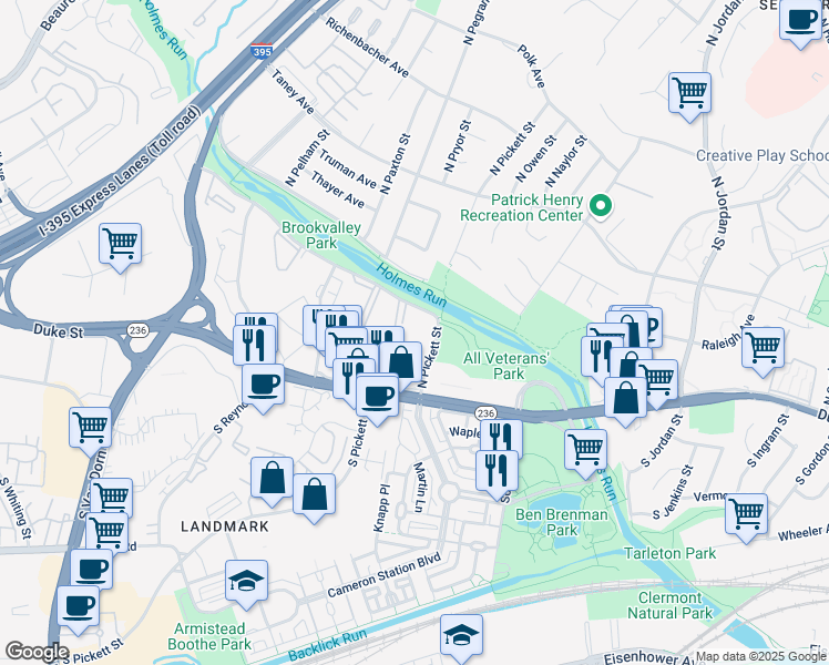 map of restaurants, bars, coffee shops, grocery stores, and more near 200 North Pickett Street in Alexandria