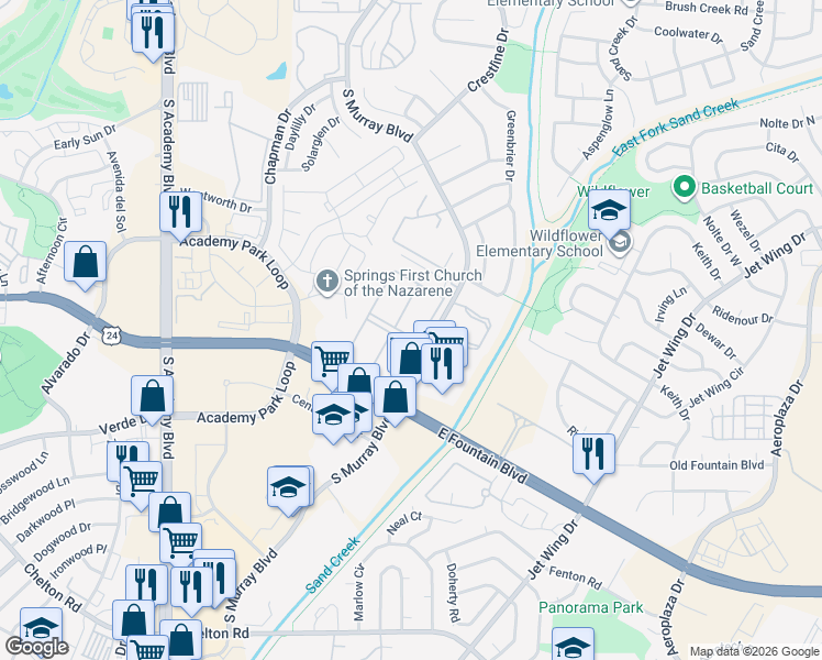 map of restaurants, bars, coffee shops, grocery stores, and more near 1432 Sandalwood Drive in Colorado Springs