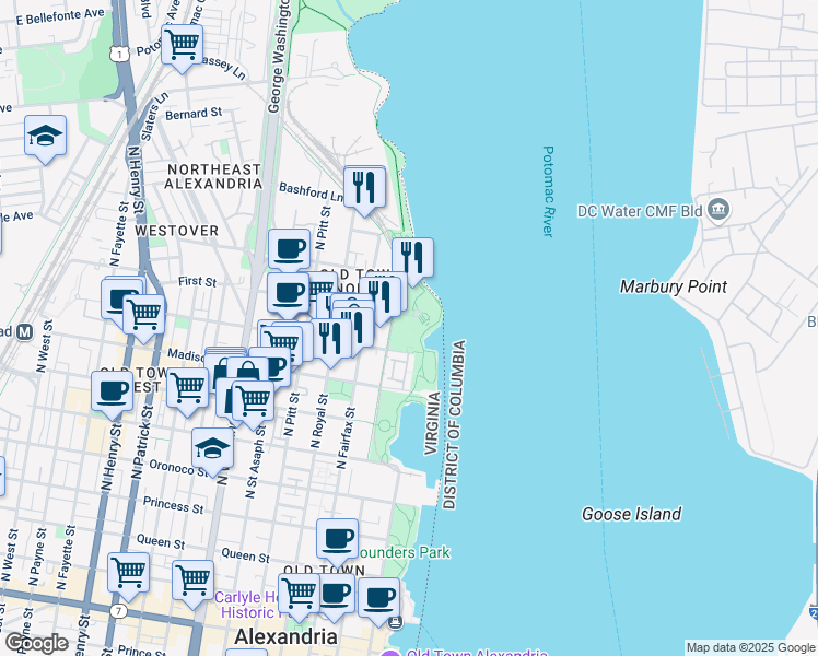 map of restaurants, bars, coffee shops, grocery stores, and more near 44 Canal Center Plaza in Alexandria