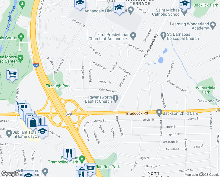 map of restaurants, bars, coffee shops, grocery stores, and more near 7706 Kalorama Road in Annandale